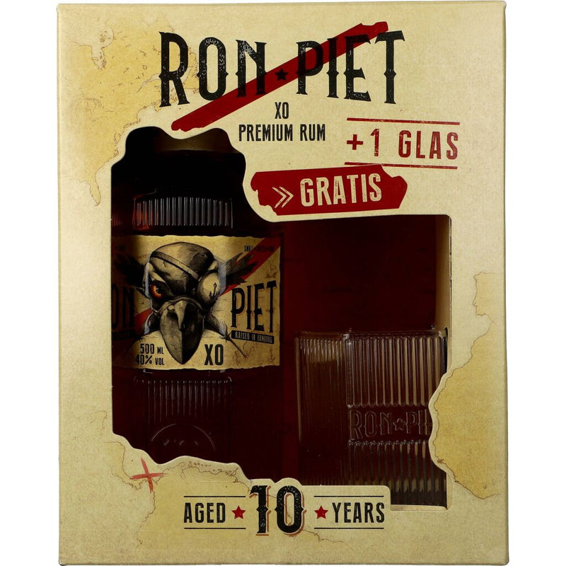 Ron Piet 10Y XO 0,5L 40% alc. Cadeauverpakking met 1 glas